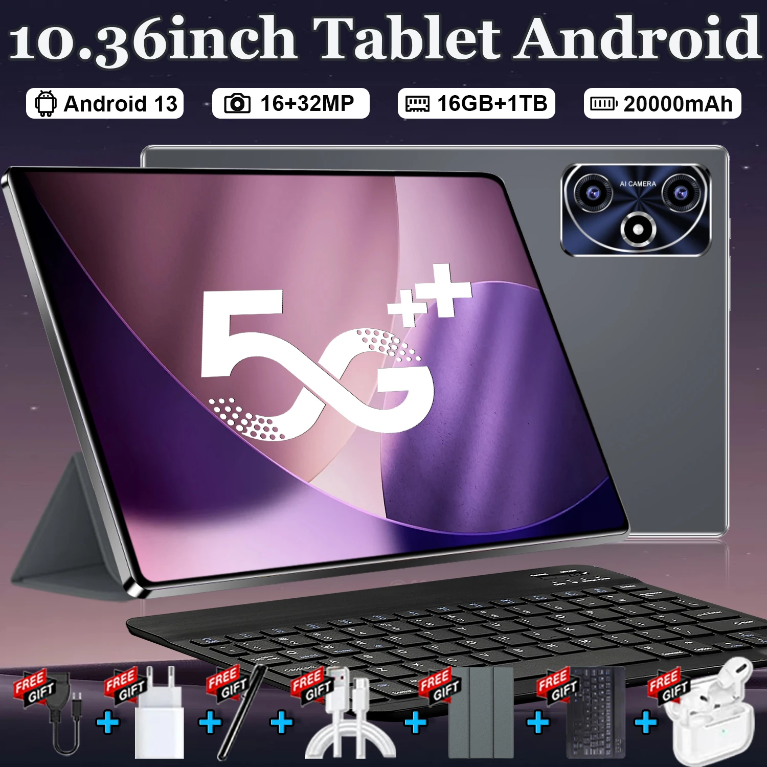 Nuovo Tablet Gaming 5G 2026 da 10.36 pollici, 16MP+32MP, Nuovo Tablet Android 16GB+1TB, 20000mAh, 14 Core, WIFI, Bluetooth, GPS, Dual SIM