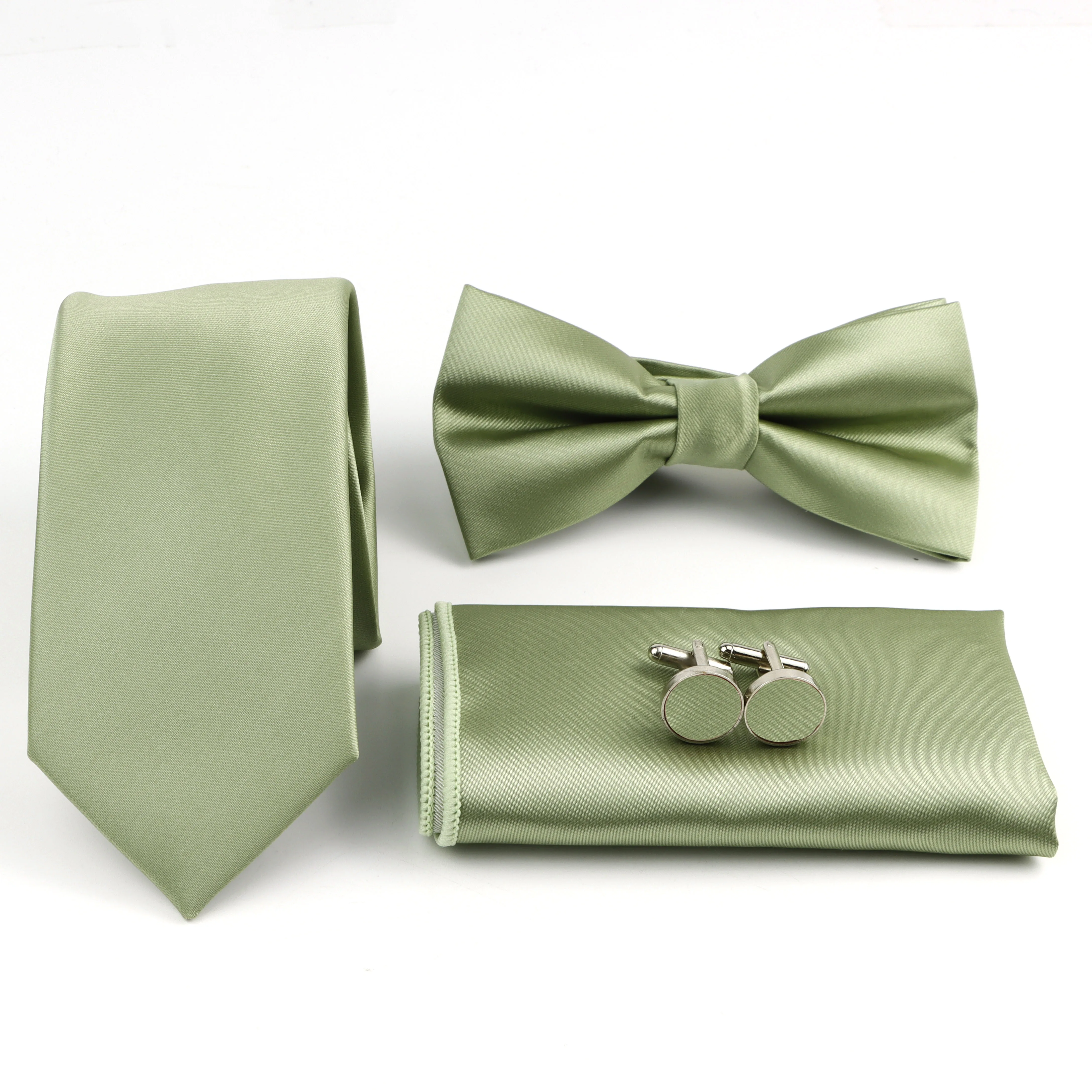 Set Cravatta da Uomo Tinta Unita Verde Salvia Verde Scuro in Poliestere con Papillon, Fazzoletto da Taschino e Gemelli - Accessori per Abito da Sposo