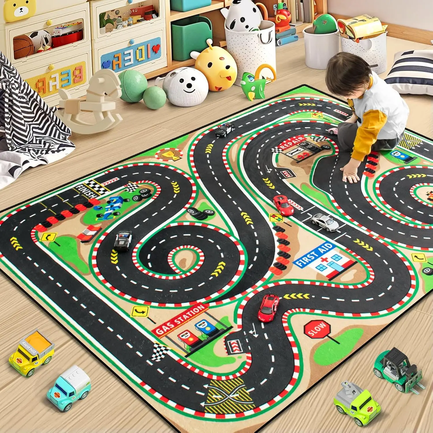 Kinder Racing Track Auto Straßenverkehr Zeichen Teppich Matte Anti Slip Weiche Teppich Dekoration Interaktive Spiel Hause Dekoration Image