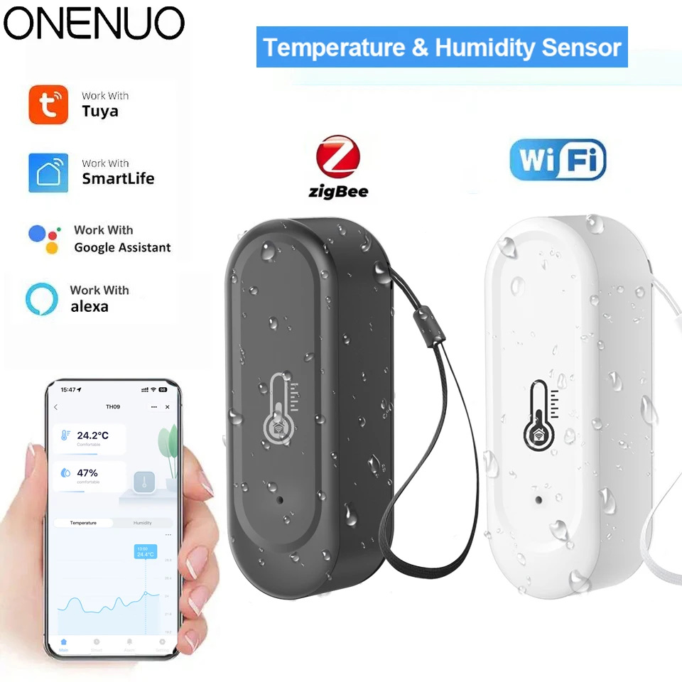 Zigbee oder WLAN IP65 Wasserdichter Außentemperatur- und Feuchtigkeitssensor für Zuhause, Tuya-kompatibles Thermometer in Schwarz oder Weiß Image