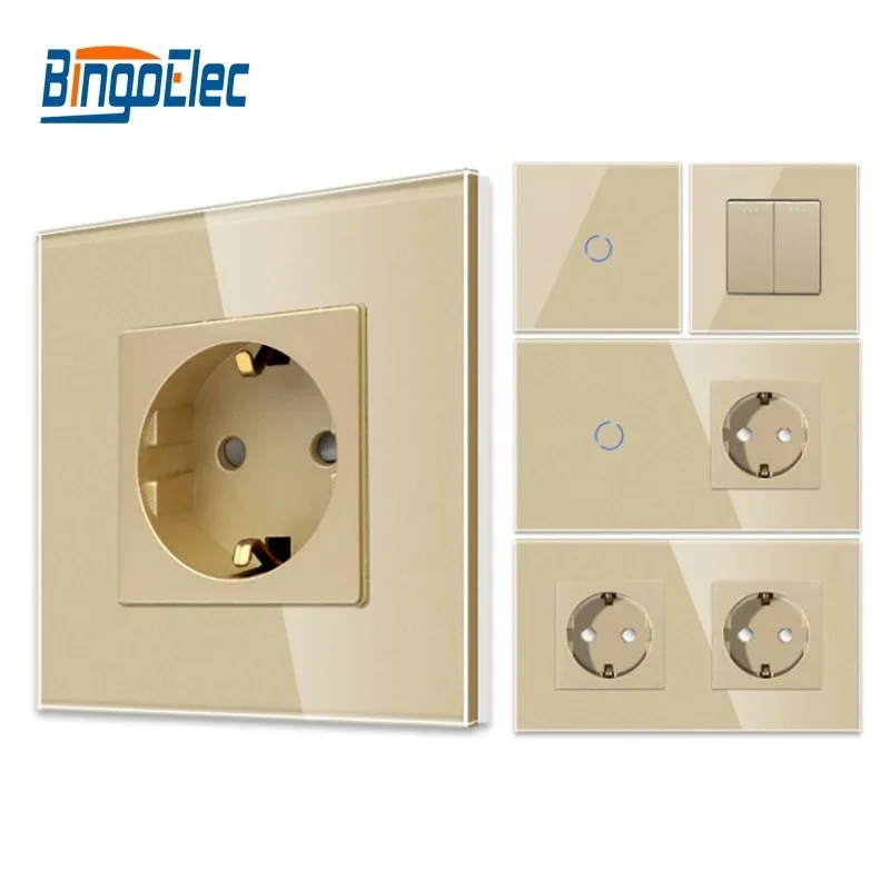 Bingoelec Gold Touch-Schalter mit Steckdosen mit Kristallglas-Panel-Lichtschaltern und Wandsteckdosen, Heimwerker Image