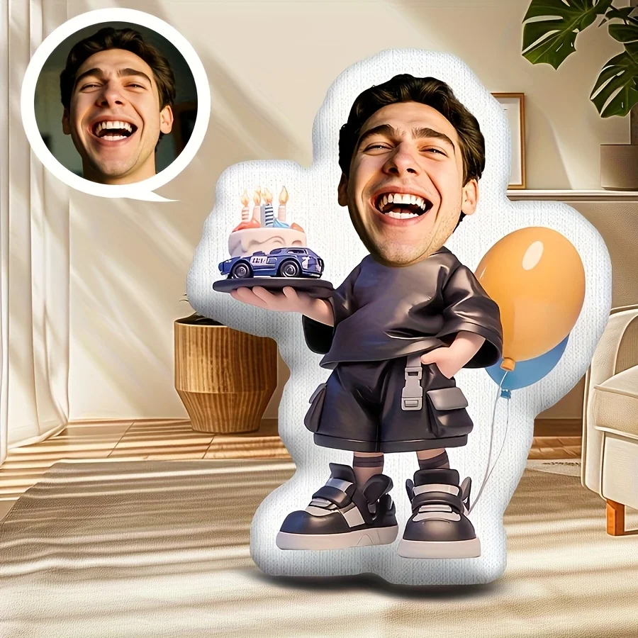 1 personalisiertes Foto-Geburtstagskissen mit individuellem Gesicht oder Design, weiches Dekokissen aus Plüschstoff, geeignet für Sofas. Image