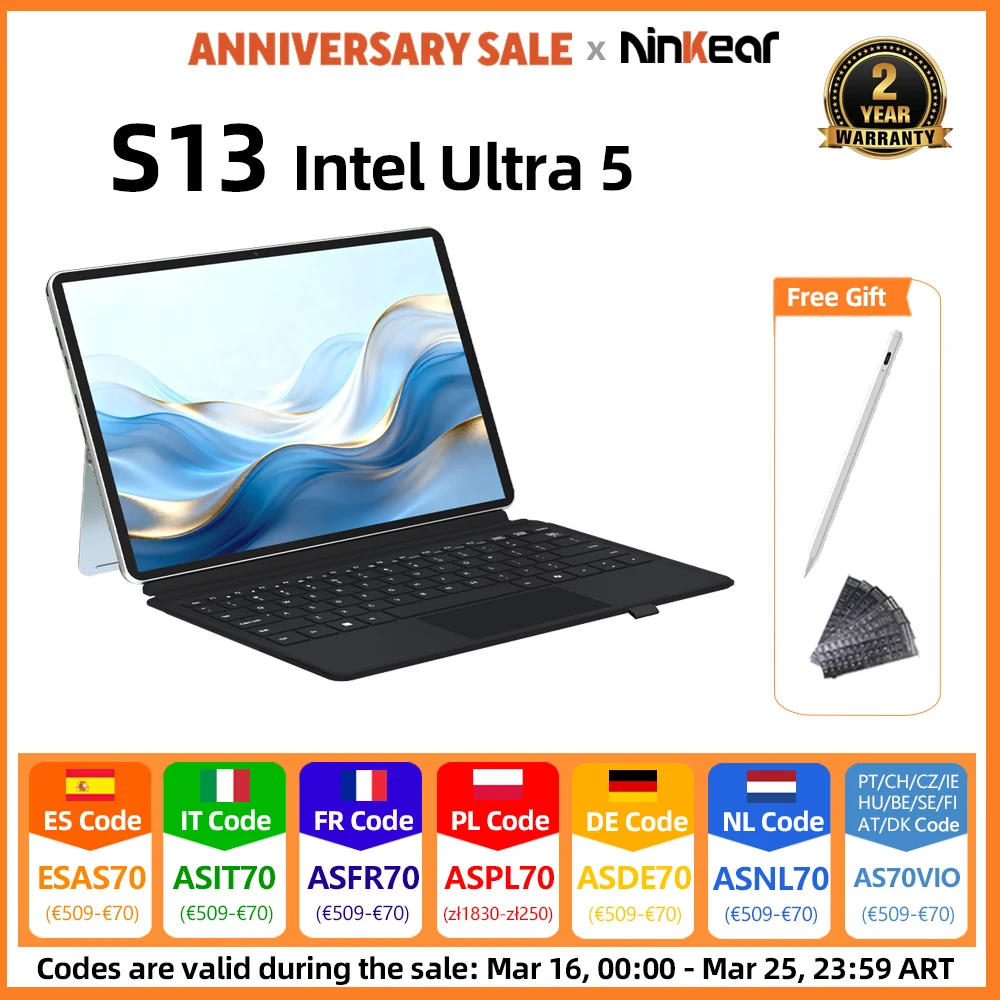 Ninkear S13 Laptop Touchscreen 2-in-1 Tablet Intel Ultra 5 13 Zoll 2,5K 16GB DDR5+512GB SSD WiFi 6 Hintergrundbeleuchtete Tastatur mit Stylus Image