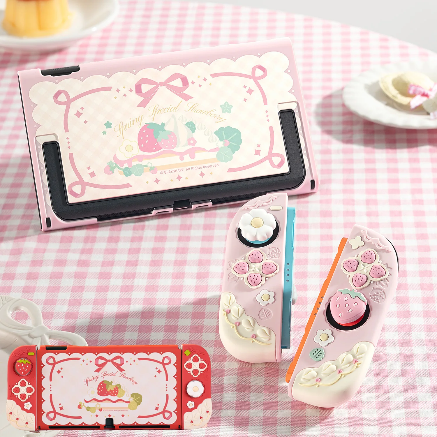 Erdbeere Hartschalen-Schutzhülle für Nintendo Switch 2/NS Oled Joy-Con Controller Handgriff-Tasten Silikon-Vollabdeckung Image