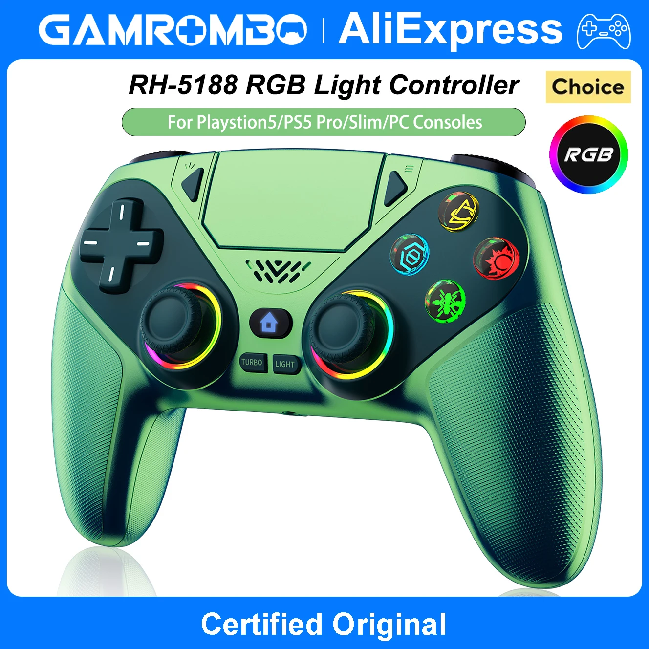 GAMROMBO RGB-Controller für PS5/PS5 Pro/Slim/PC-Konsolen, kabellose Gamepads, Dual-Vibration, Marco/Turbo-Funktion, 3,5-mm-Audioanschluss Image