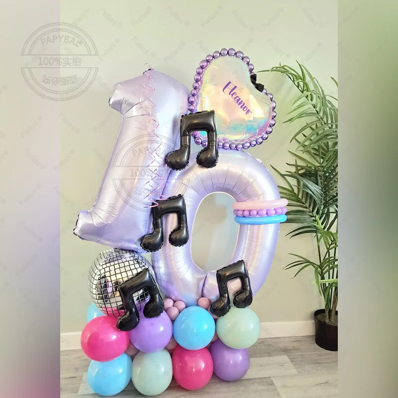 43-teiliges Ballon-Set mit Musikmotiv, lila Zahlen-Geburtstagsballons, Dekorationen für Kindergeburtstagsfeiern, Festival- und Taufzubehör Image