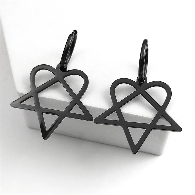 Goth Heartagram Star Baumeln Creolen Damen Edelstahl Schwarz Farbe Rock Musik Band HIM Fans Ohrringe Schmuck E2613S03 Image