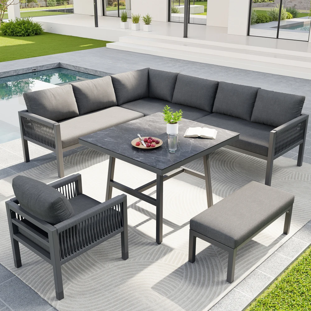 Handgewebtes L-förmiges Gartensofa, für bis zu 8 Personen, robuster Eisenrahmen, 1 Tisch mit Marmor-Glasplatte und 2 Sessel, Terrasse