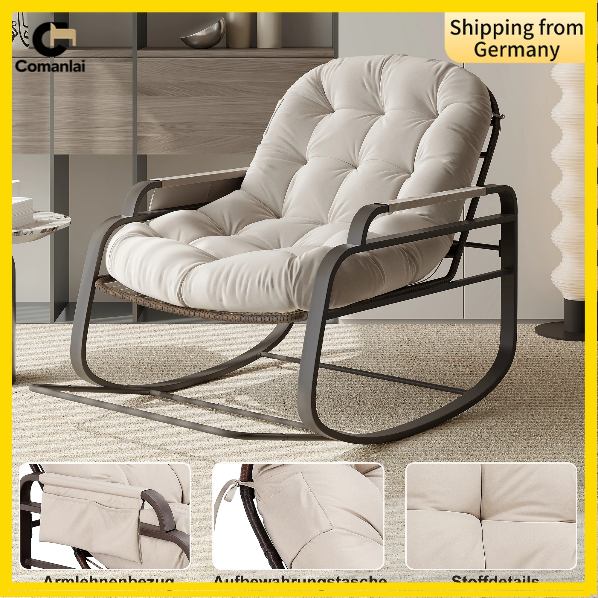 Comanlai Moderner Schaukelstuhl mit Kissen und klappbarer Fußstütze, Rattan-Loungesessel mit Seitentasche, Lesesessel für den Außenbereich Image