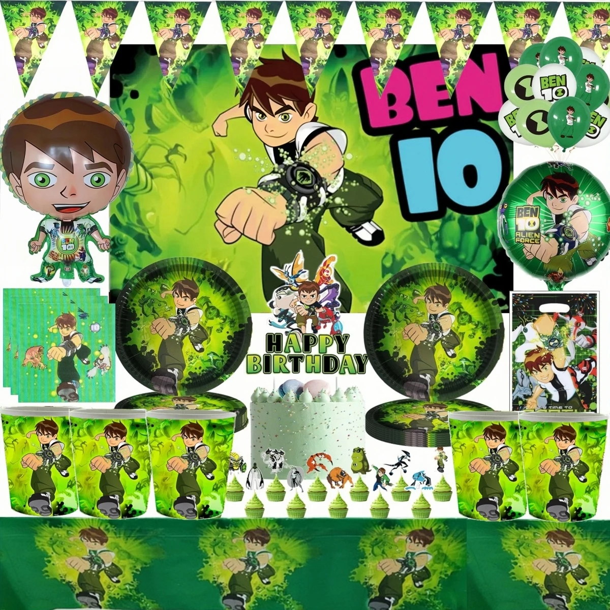 Ben 10, Geburtstagsparty-Dekoration, Einweggeschirr, Pappteller, Tasse, Kuchendekoration, Ben Boy, Ballon, Babyparty, Jungen, Partyzubehör Image