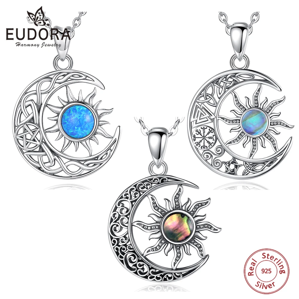 EUDORA Halskette aus 925er-Sterlingsilber, Sonne und Mond, für Damen, Herren, Pentagramm, Wikinger, keltischer Knoten, Mond-Anhänger, edler Schmuck, Party-Geschenk Image