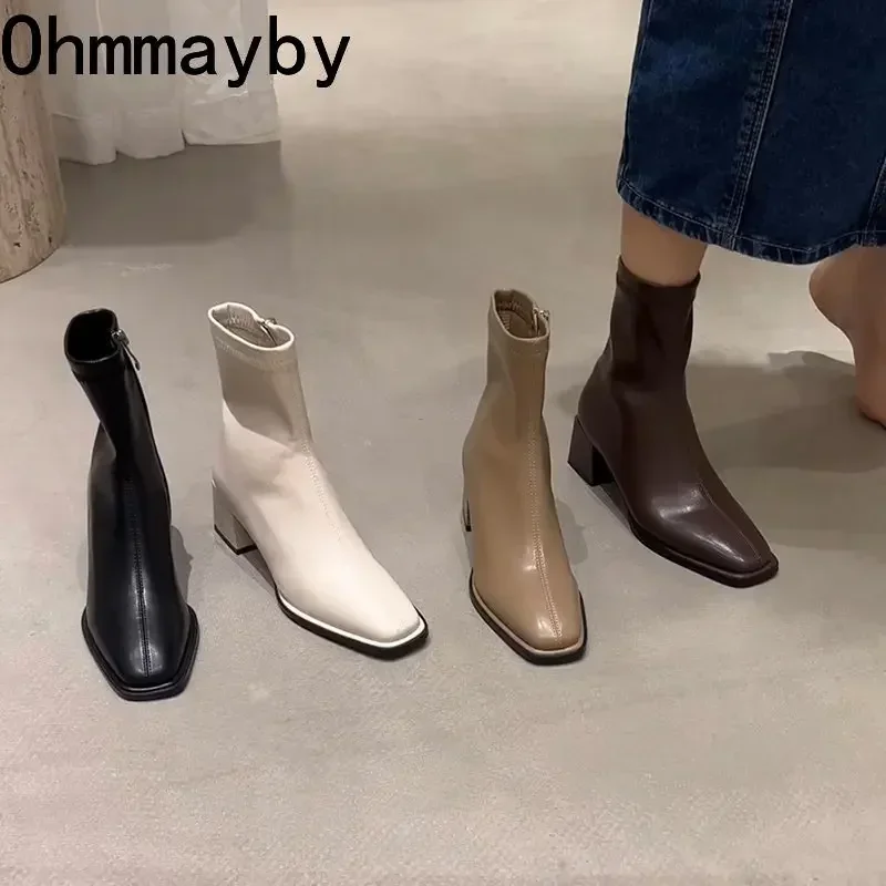 2026 Herbst-Winter Design Stiefeletten mit Absatz, Modische Eckige Spitze, Reißverschluss, Damen Casual Chelsea Boots, Weiche Leder-Kurzstiefel