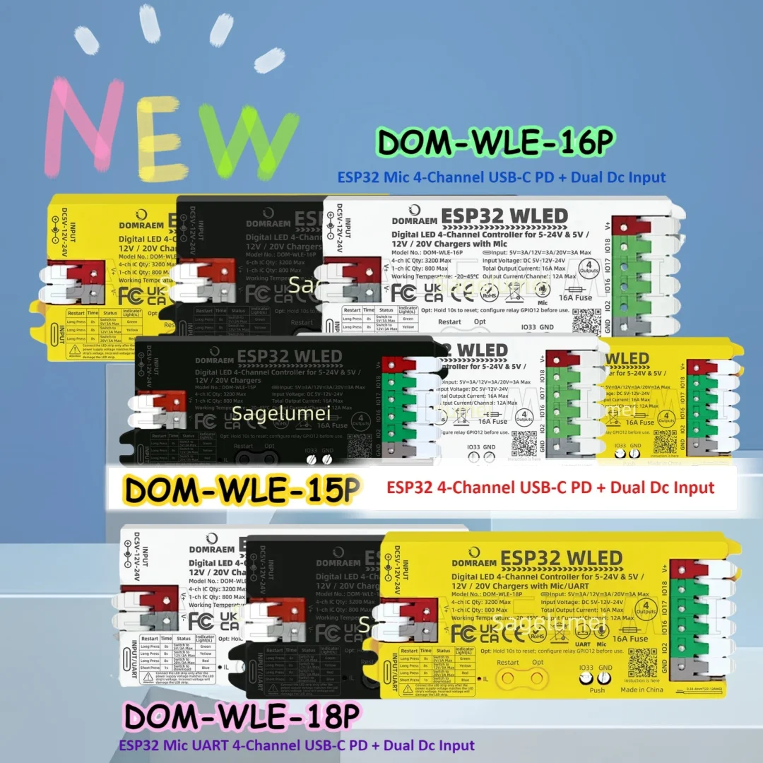 Dual PSU ESP32 WLED Digital LED Controller PD 5V/12V/20V & DC 5-24V mit 4 Ausgängen für WS2811/12B APA102 Pixel-LEDs von DOMRAEM Image