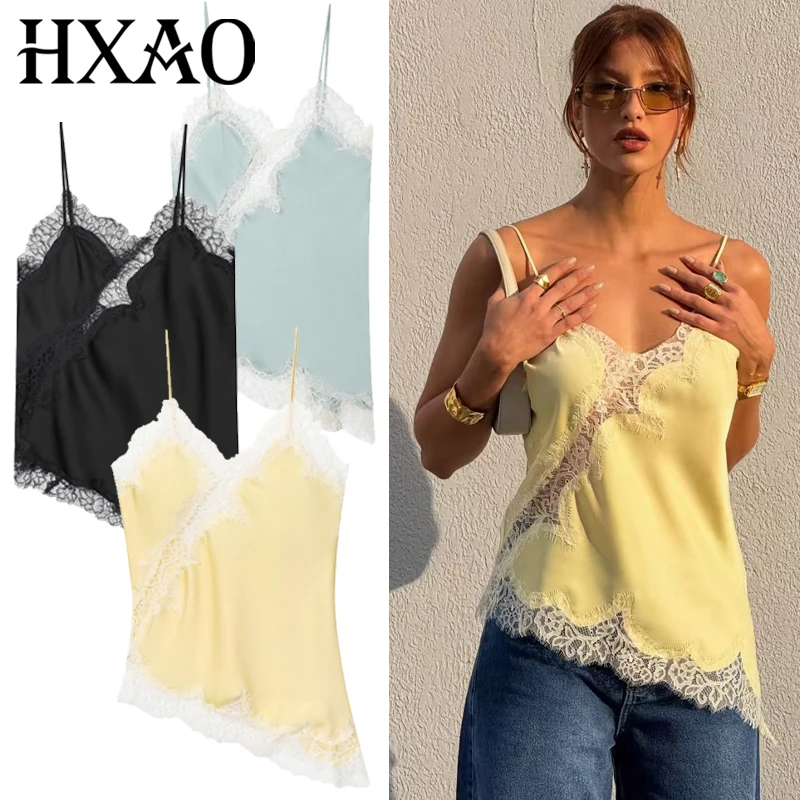 HXAO 2025 Frau Asymmetrisches Slip-Top Frauen Sexy Schwarz Gelb Blau Top Spitze Tanks & Camis Chic Y2K ärmelloses rückenfreies Leibchen