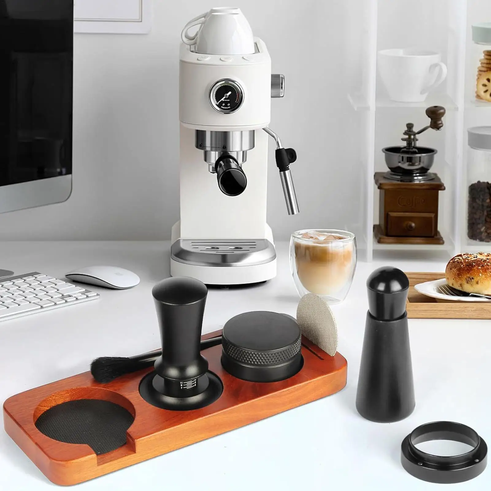 7-teiliges Espresso-Tamper-Set, tragbares Kaffeepressgerät, 51 mm Espresso-Zubehör-Kit mit Spender und Pulver-Tampmatte Image