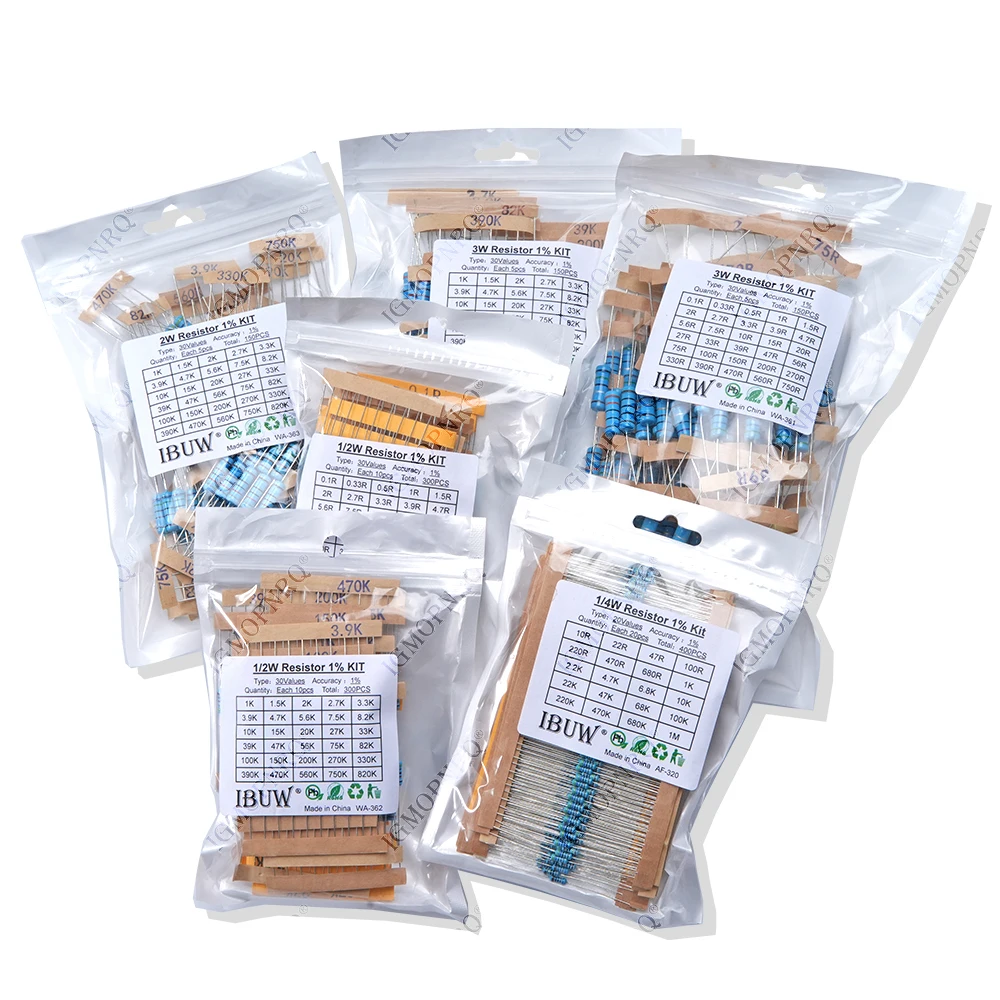 150 Stück 300 Stück 1/4W 1/2W 1W 2W 3W Widerstand 1% Metall film Widerstand Sortiment Kit Set 30 Werte je 5/10 Stück 1 ~ 750 1k ~ 820k Ohm Image