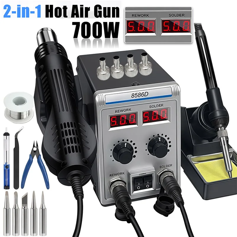 2-in-1 8586D Lötstation mit Heißluftgebläse, 2 digitale Temperaturanzeigungen, Temperaturregelung für Schweißarbeiten, Nachbearbeitungen, SMD-Reparatur, Lötkolben Image