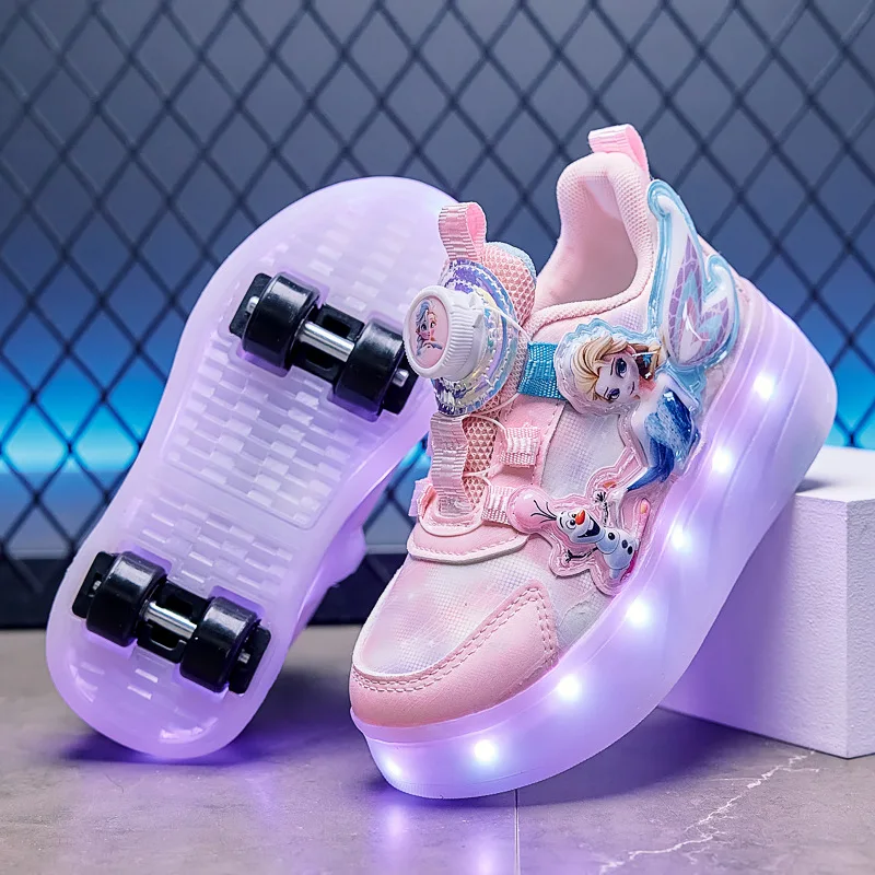 Kinder Freizeitschuhe Rollschuhschuhe Led Licht Cartoon Prinzessin PU Leder Für Kinder Blau Rosa Schuhe Größe 28-37