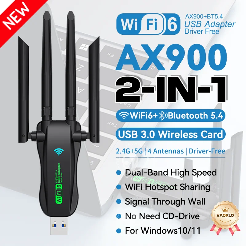 WiFi 6 AX900 Bluetooth 5.4 WiFi USB-Adapter Drahtlose Netzwerkkarte 2,4 G & 5 GHz Wi-Fi-Antenne USB für PC/Laptop Win10/11 Treiber kostenlos Image