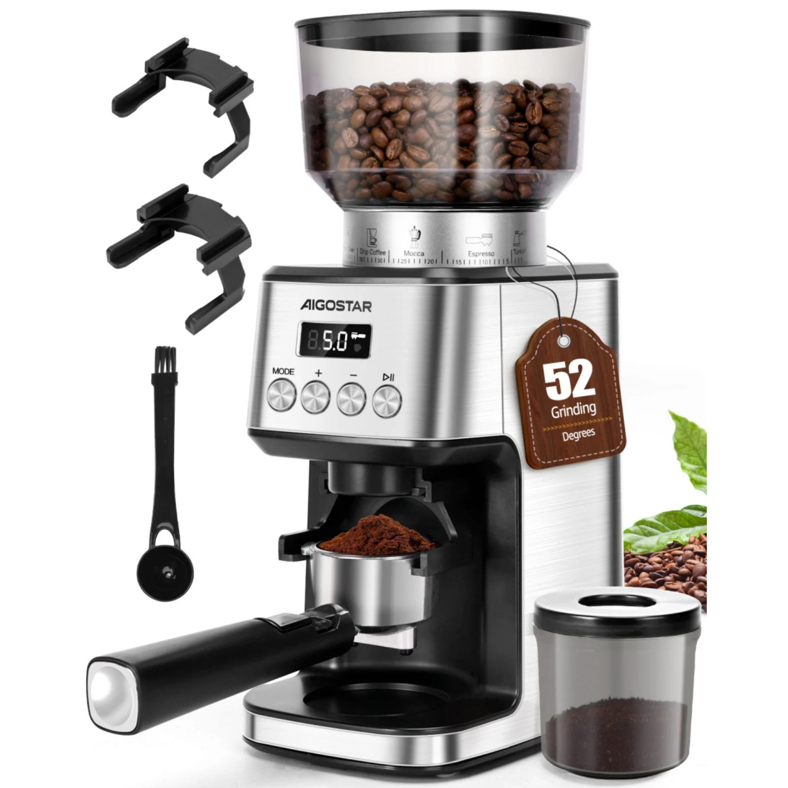 Aigostar Elektrische Kaffeemühle mit 52 Mahleinstellungen & Kegelmahlwerk – Professioneller Kaffeegrinder aus Edelstahl für Espresso, Filterkaffee & Siebträger, Präzises Digitaldisplay, Silber Image