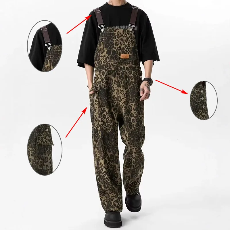 Retro Leopardenmuster Arbeitskleidung Overall mit Großen Taschen Gerade Geschnittene Hose für Herren Lose Lässige Weite Jeanshose Image