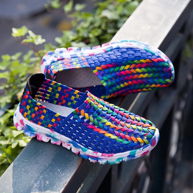 Frauen Schuhe Sommer Wohnungen Weibliche Müßiggänger Frauen Casual Flache Woven Schuh Atmungsaktive Turnschuhe Slip Auf Bunte Mujer Plus Größe 41