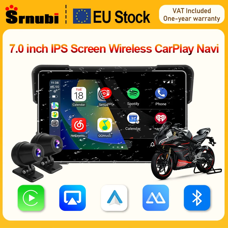 Srnubi 7 Zoll IPS Motorrad-DVR, kabelloses CarPlay, Android Auto Navigation, IPX7 wasserdichter Bildschirm, tragbarer Moto-Monitor Image