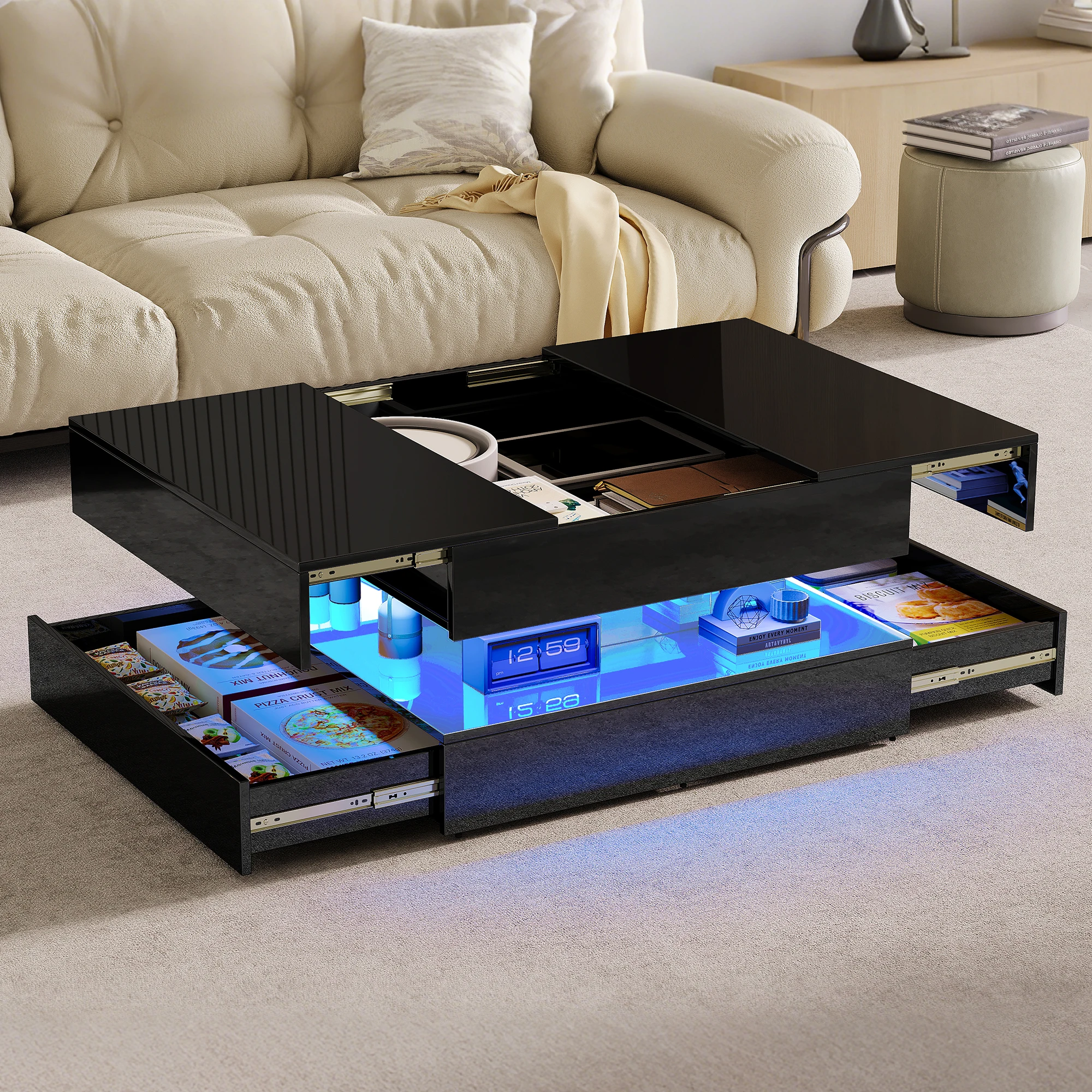 LED-Couchtisch mit ausziehbarer Platte und 2 Schubladen, Wohnzimmertisch, Couchtische schwarz, glänzend, modern, 78 x 78 x 43 cm Image