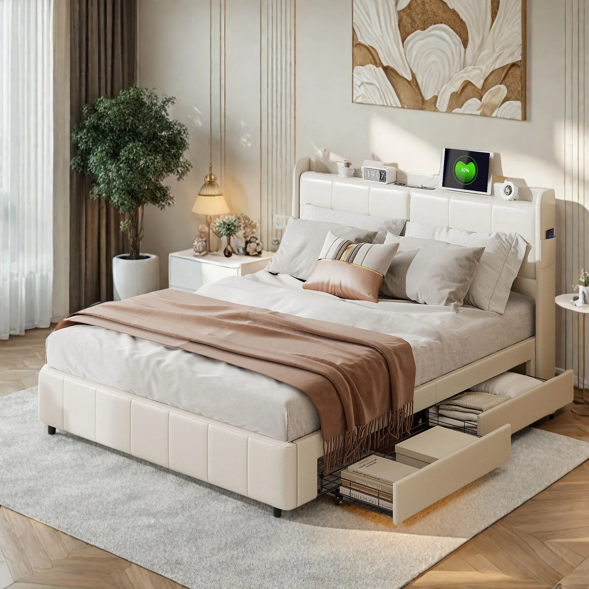 Anajqaqia 140×200 cm gepolstertes Doppelbett, mit Lattenrost, mit Stauraum, 4 Schubladen und USB-Anschluss, PU-Leder, Weiß Image