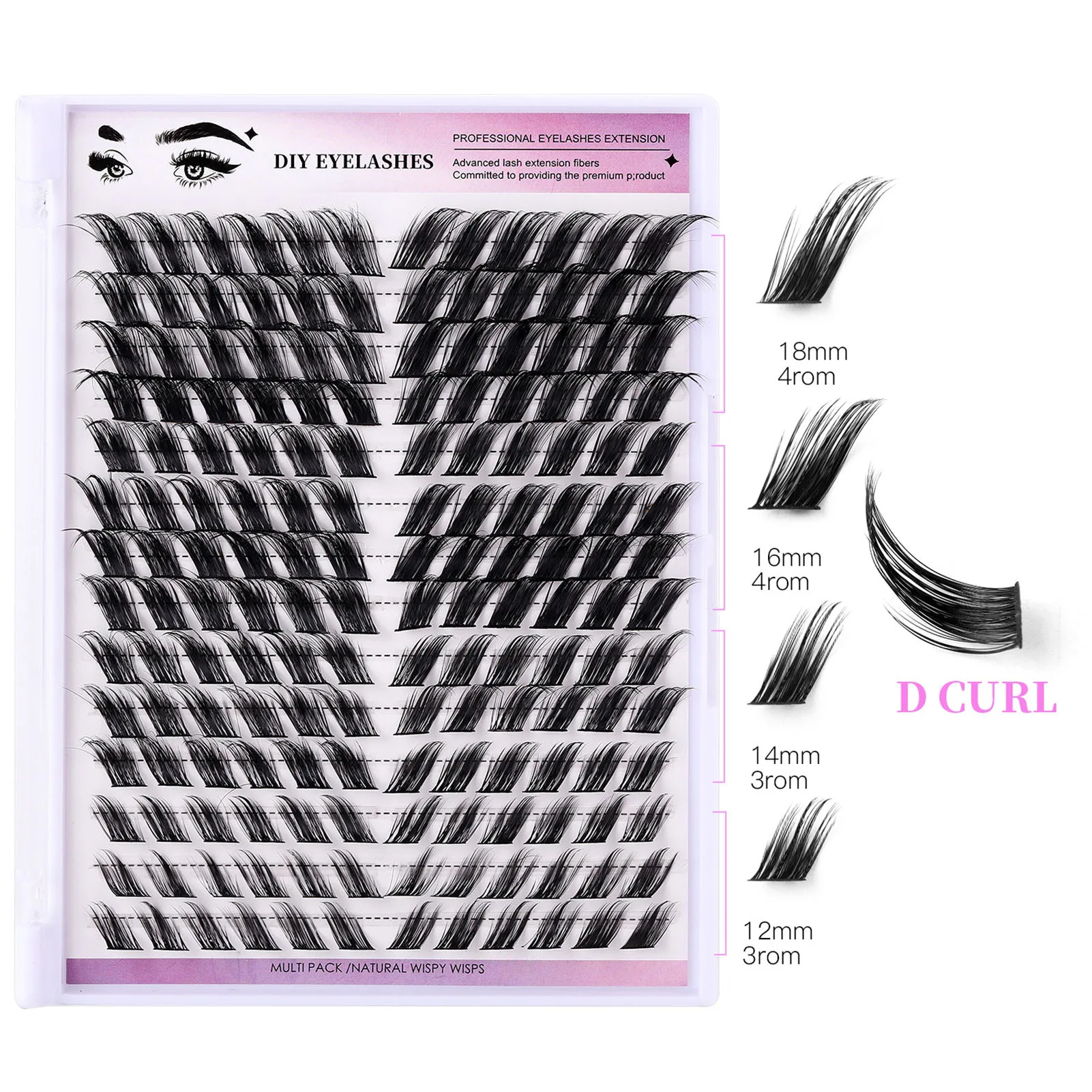 DIY falsche Wimpern 12–18 mm, lang, 168 Stück, Cluster-Wimpern, D-Locken, geflügeltes Katzenfuchsenauge, individuelle Wimpernverlängerungen, Make-up-Zubehör Image