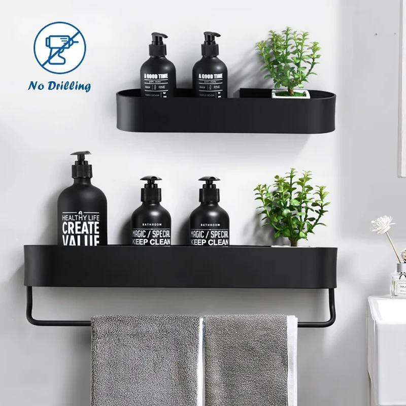 Nordic Badezimmer Regal Rack Kein Bohrer Wand Regale Bad Handtuch Halter Schwarz Dusche Lagerung Korb Bad Zubehör