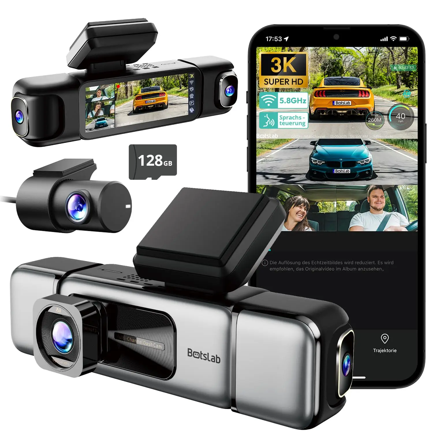 Botslab 4K/3K Ultra HD 4-Kanal-Dashcam G980H, 560 ° Allwinkel-Front-, Heck- und Innenkamera mit GPS, WDR Super-Nachtsicht, Sprachsteuerung, kostenlose 128GB SD-Karte. Image
