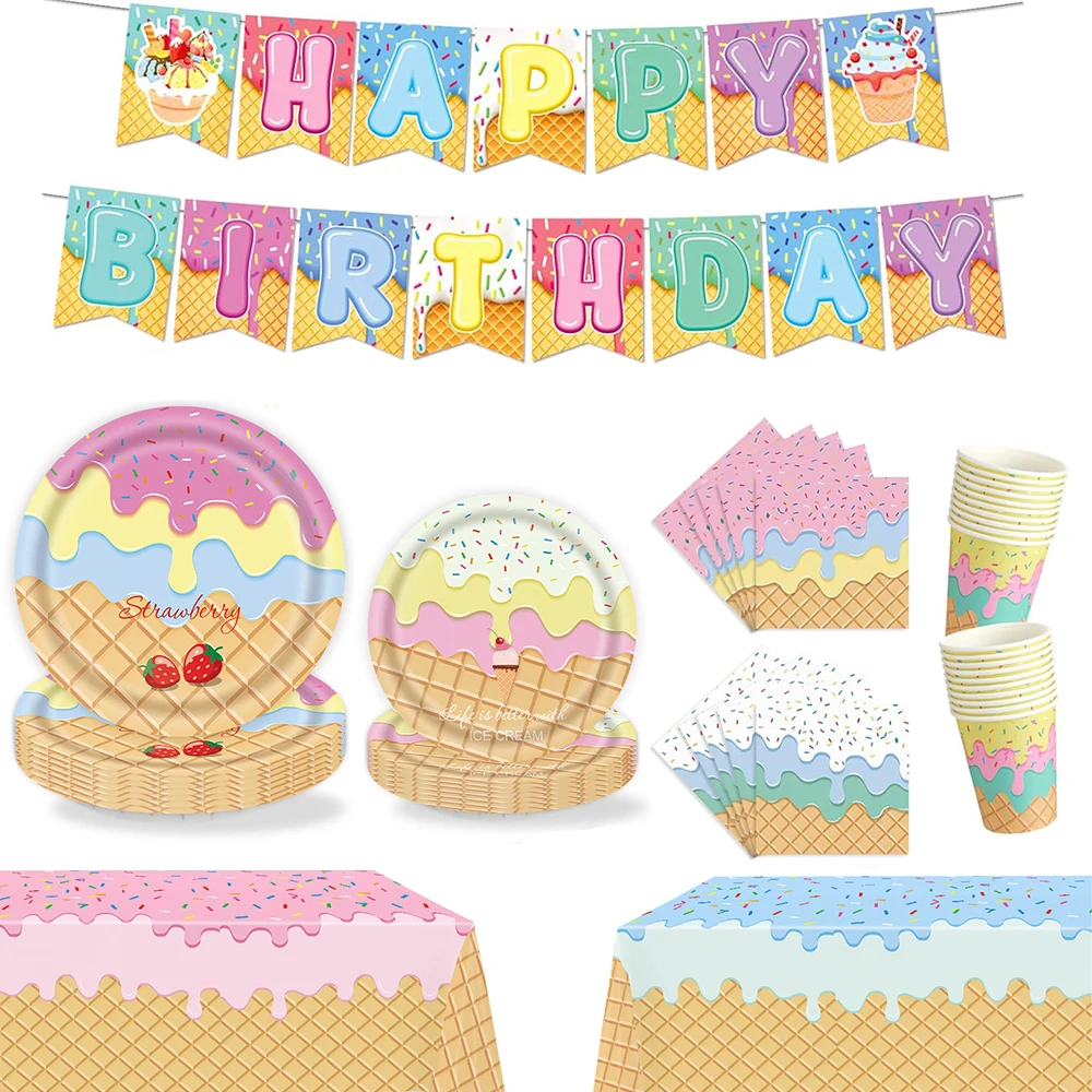 Eiscreme-Party Tischware Pappteller Becher Tischdecke Eiscreme-Thema Happy Banner Geburtstagsdekoration Baby-Shower-Zubehör Image