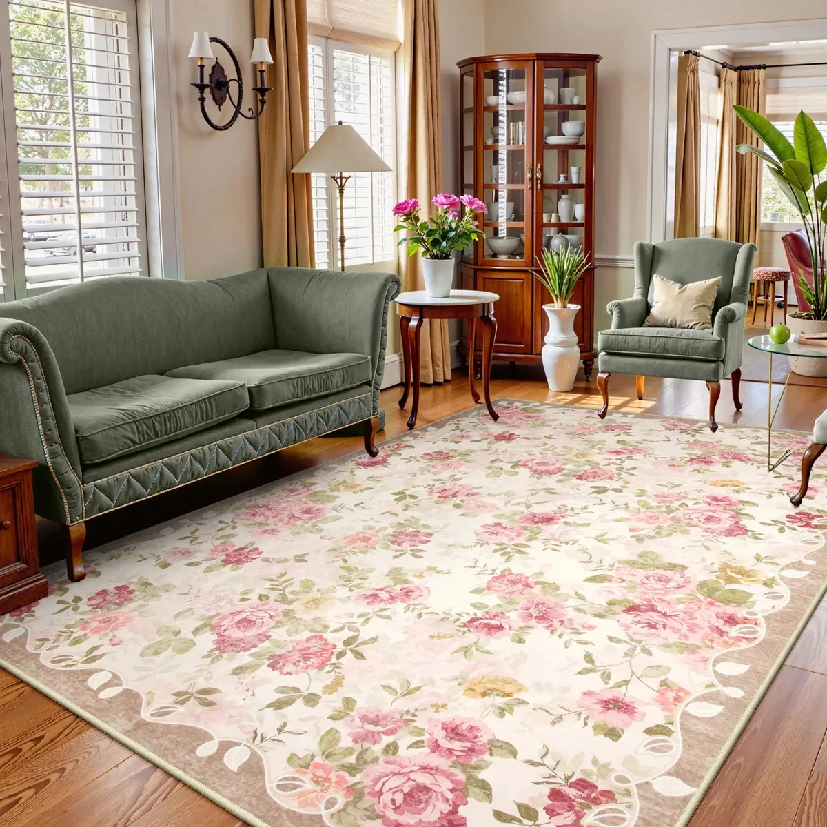 Romantischer rosa Teppich im Vintage-Stil mit Blumenmuster, Rosengarten, weicher rosa botanischer Teppich, Shabby-Chic, Wohnzimmermatte, Schlafzimmer-Akzent, floraler Teppich