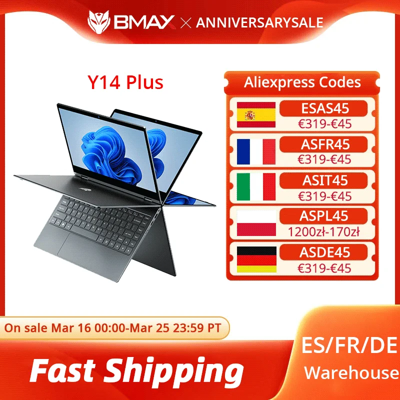 BMAX Y14 Plus Laptop 14 Zoll Notebook Windows 11 16GB RAM 512GB SSD 1920*1080 IPS Intel N150 Laptops Computer Micro SD Bluetooth Image
