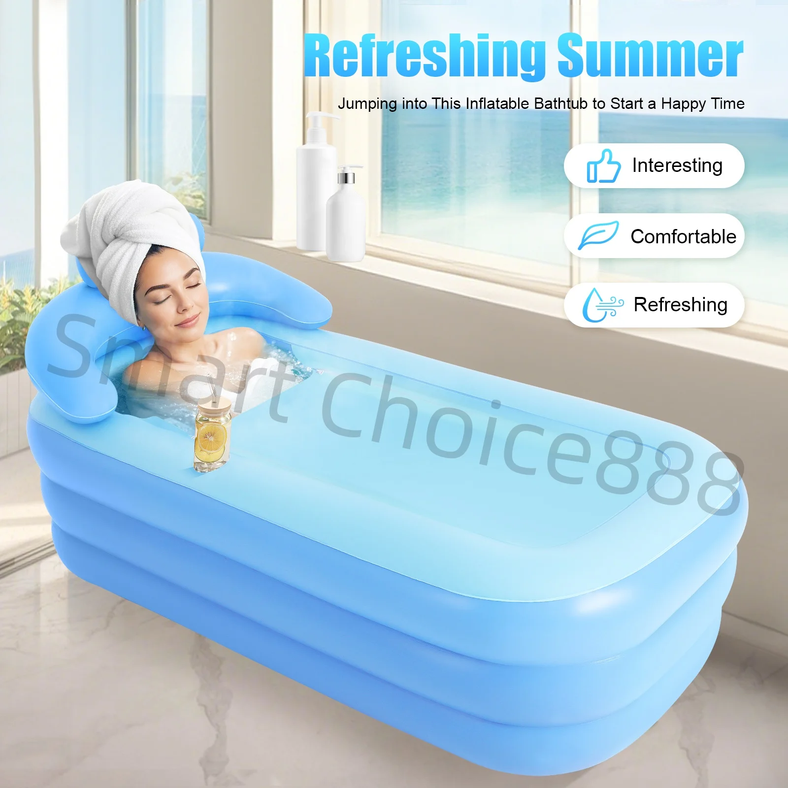 Aufblasbare Badewanne mit Sprudelmassage, faltbare PVC-Badewanne, Unisex-SPA-Badewanne, blau, für Duschkabine, Heiß- und Kaltbad