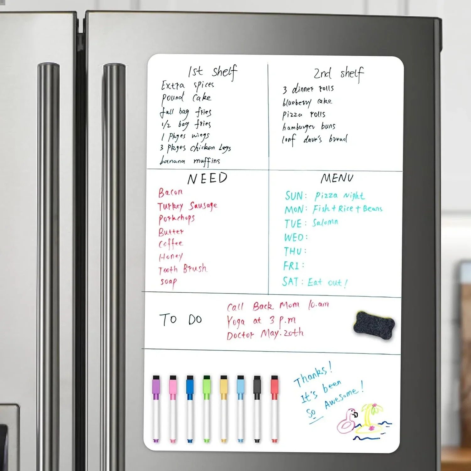 Magnetisches Whiteboard im A2-Format, trocken abwischbare Whiteboard für Kühlschrank, (23,6" x 16,5"), mit 8 trocken abwischbaren Markern und 1 Radiergummi Image