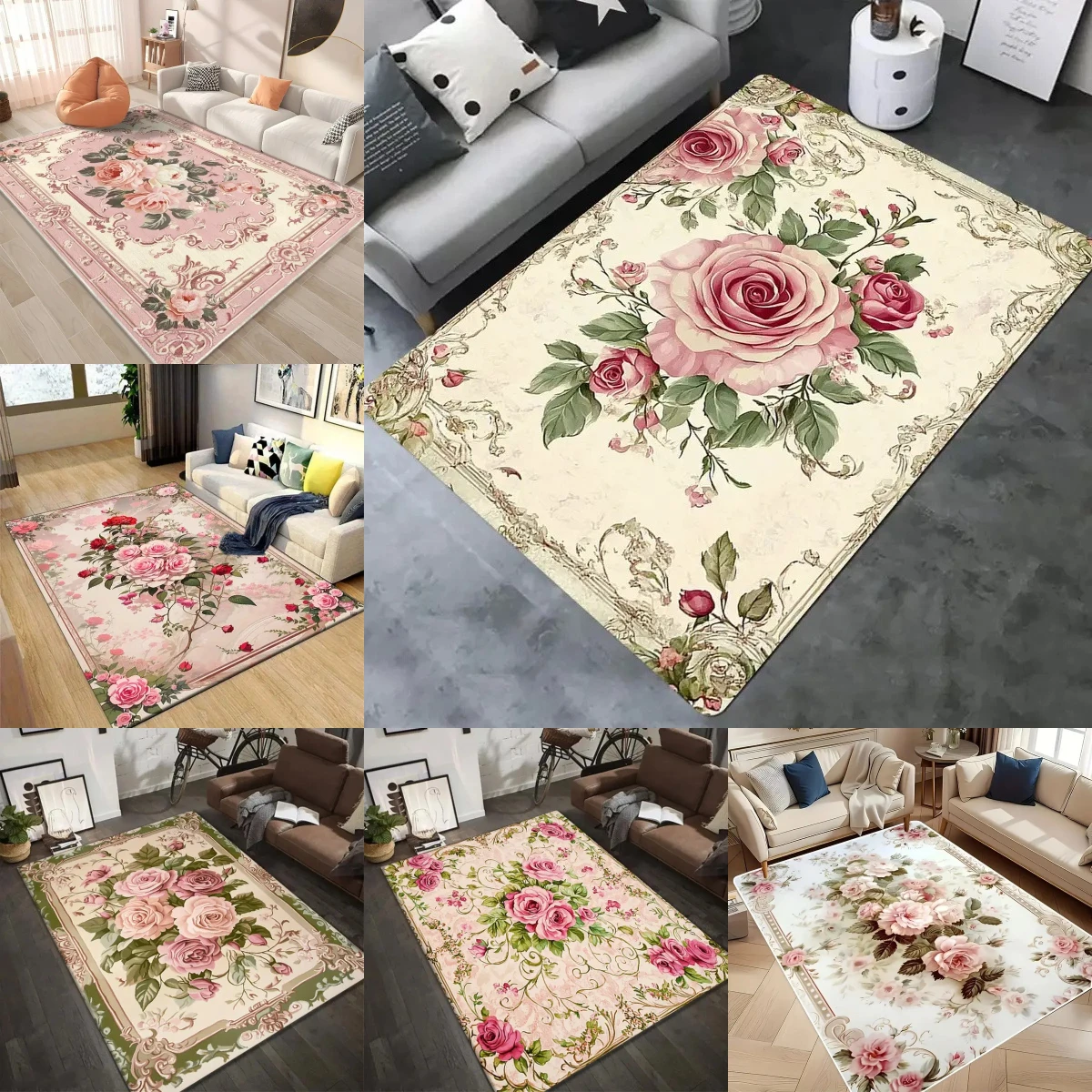 Klassischer Vintage-Teppich mit Blumenmuster und Rosenmuster, luxuriöses, modernes Wohnzimmer, Schlafzimmer, Büro, Dekor, rutschfeste, maschinenwaschbare Bodenmatte Image
