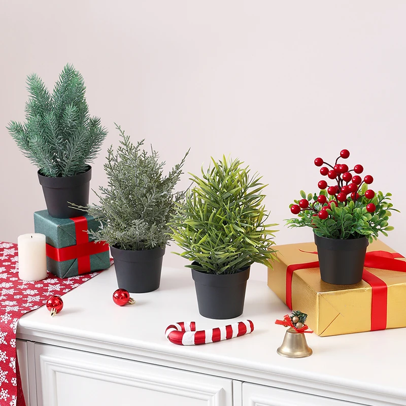 1 STÜCK simulierte rote Weihnachtsfrüchte, Weihnachtsblätter, Topfpflanze mit Kiefernnadeln. Geeignet für Herbst und Winter, Weihnachtsfeier Image