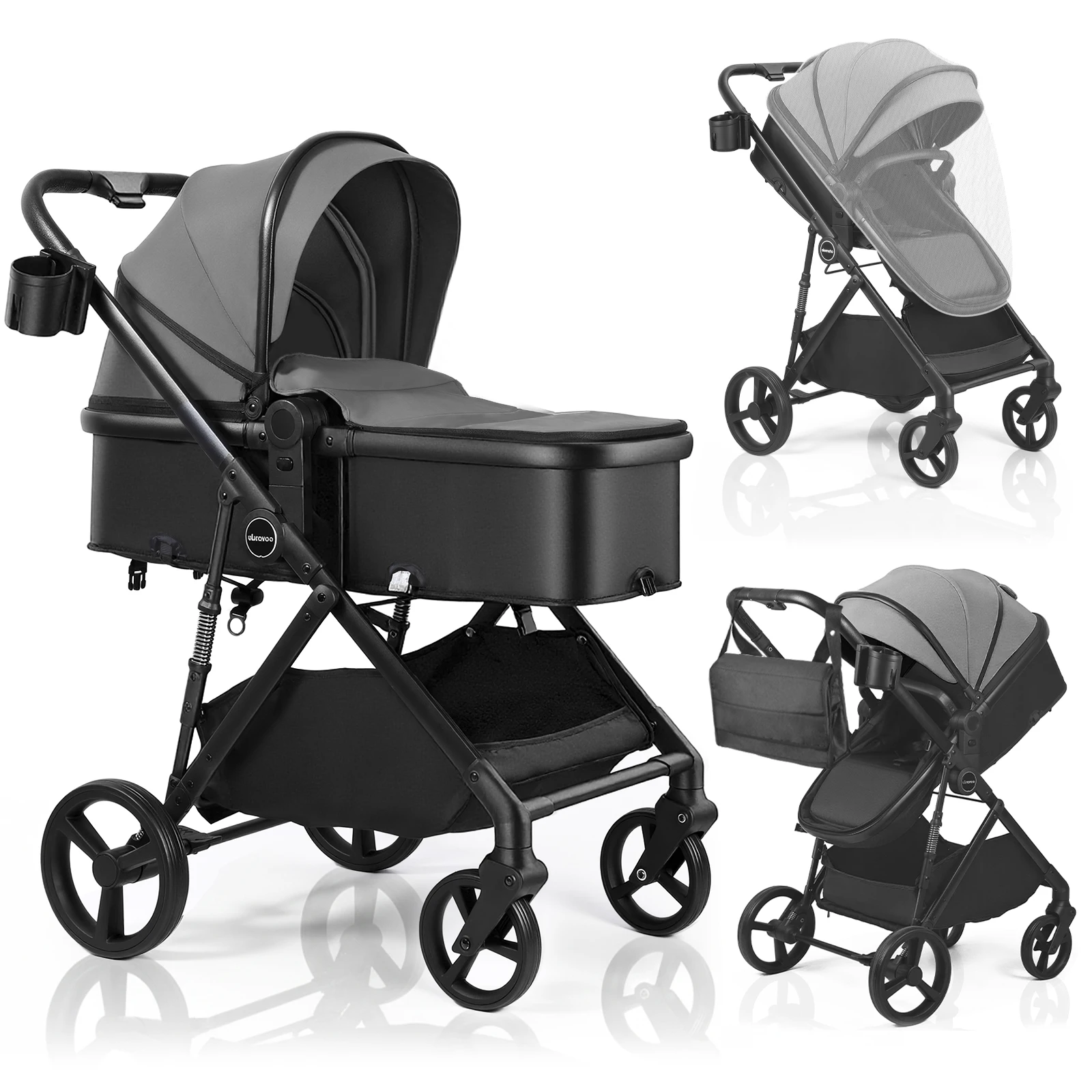 2-in-1-Kinderwagen, faltbarer Reisesystem-Kinderwagen mit umkehrbarem Sitz, verstellbarem Baldachin, Aufbewahrungskorb für 0–36 Monate Image