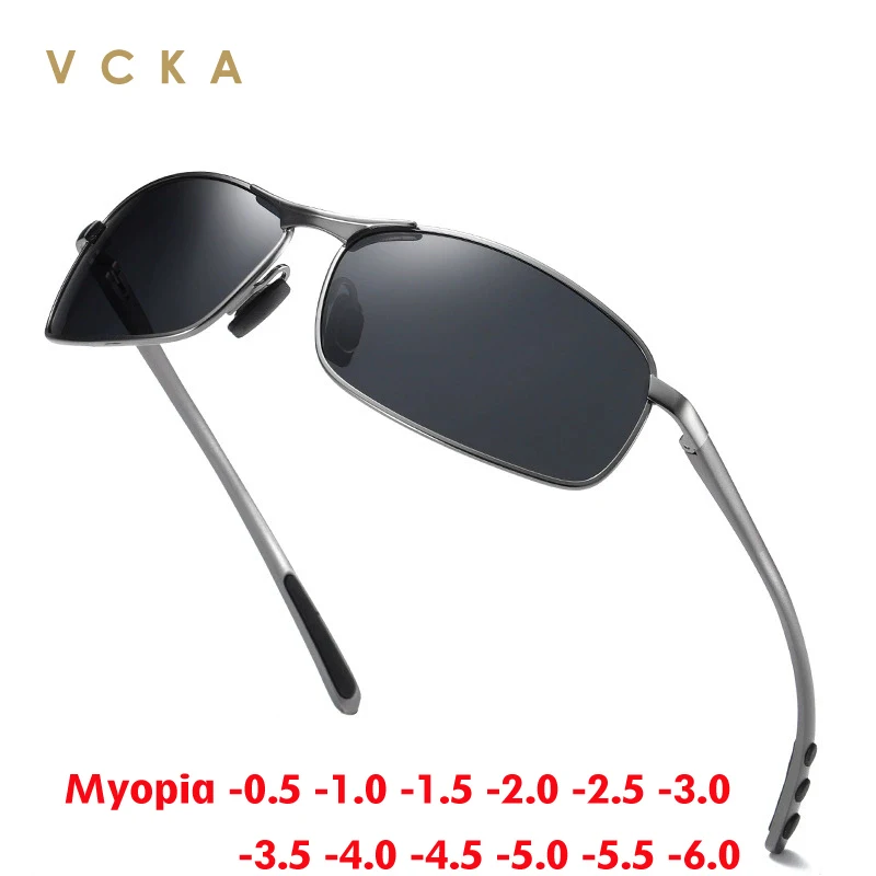 VCKA Polarisierte Myopie-Sonnenbrille, quadratisch, Aluminium-Magnesium, Korrektionsbrille, Herren, Damen, Optik, Fahrer, Fahren – 0,50 bis -6,0 Image