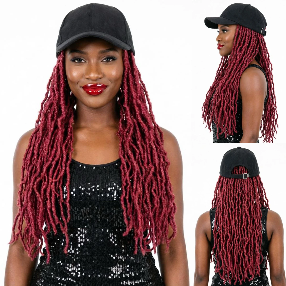 Baseball Cap Perücke Rote Göttinnen-Locs Boho Häkelzöpfe Burgunderrote Synthetische Perücke für Schwarze Frauen Schnelle Installation - Wigera Image