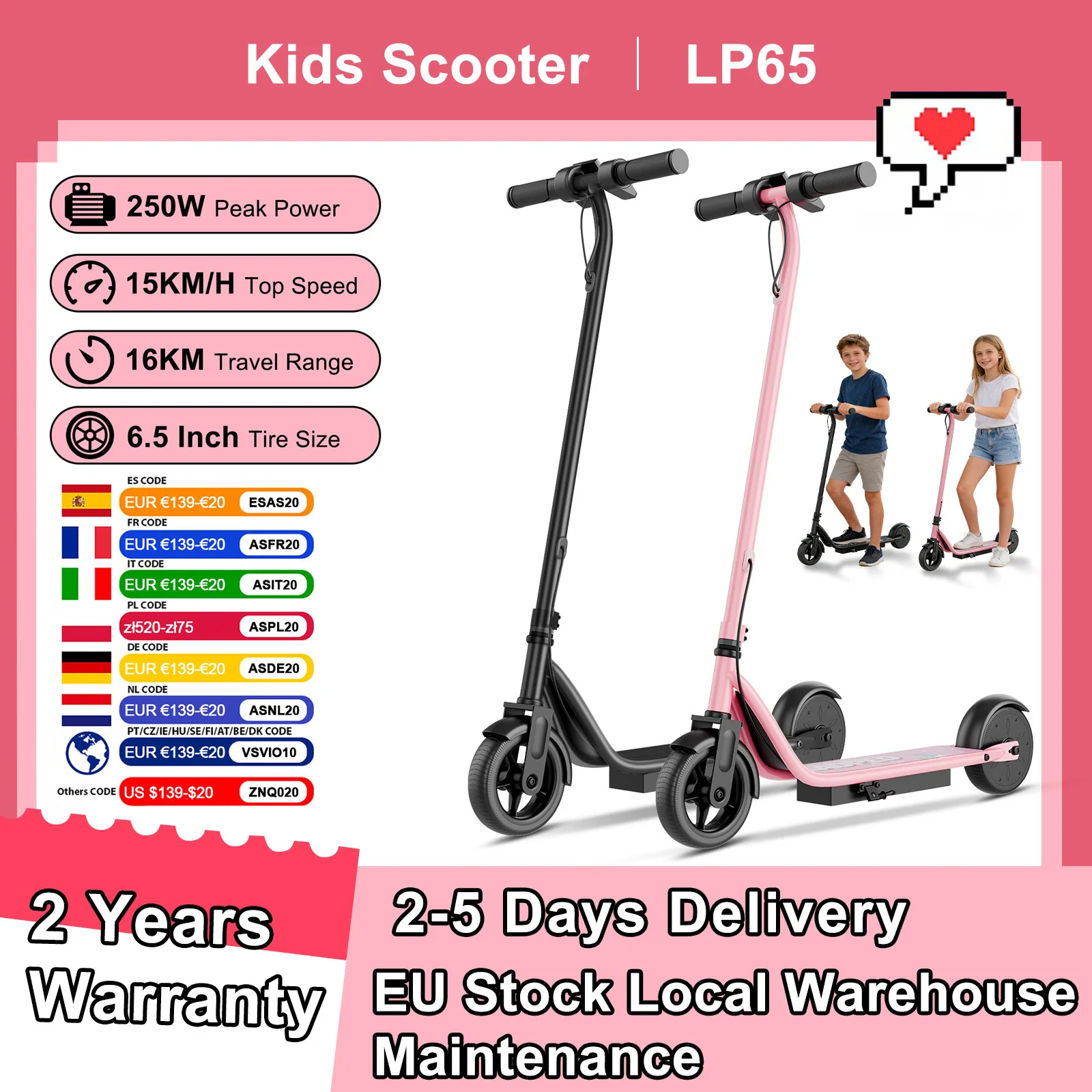 AOVOPRO LP65 Kinder-Elektroroller 250W Supermotor 15KM/H Höchstgeschwindigkeit E-Scooter 15KM/H 5-16KM Reichweite Faltbarer Elektroroller Image