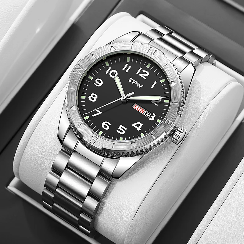 TPW Quarzwerk, 40 mm, drehbare Lünette, Armband aus massivem Edelstahl, Quarz-Analoguhr mit Datums- und Tagesfunktion Image