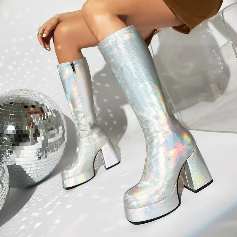 ORCHA LISA Schuhe Neue Frauen Lange Party Stiefel Silber Runde Kappe 9,5 cm Blockabsatz 3 cm Plattform Große Größe 47 48 Sexy Dating Stil