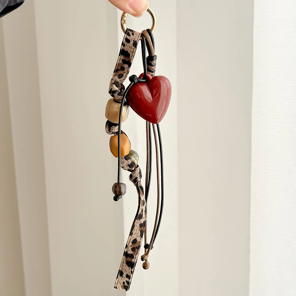 Schlüsselanhänger mit Leopardenmuster, gewebtes Seil, Herz, Vintage-Stil, Maillard-Braun-Stil, Taschenkette, handgefertigte Perlen-Handtaschen-Accessoires Image