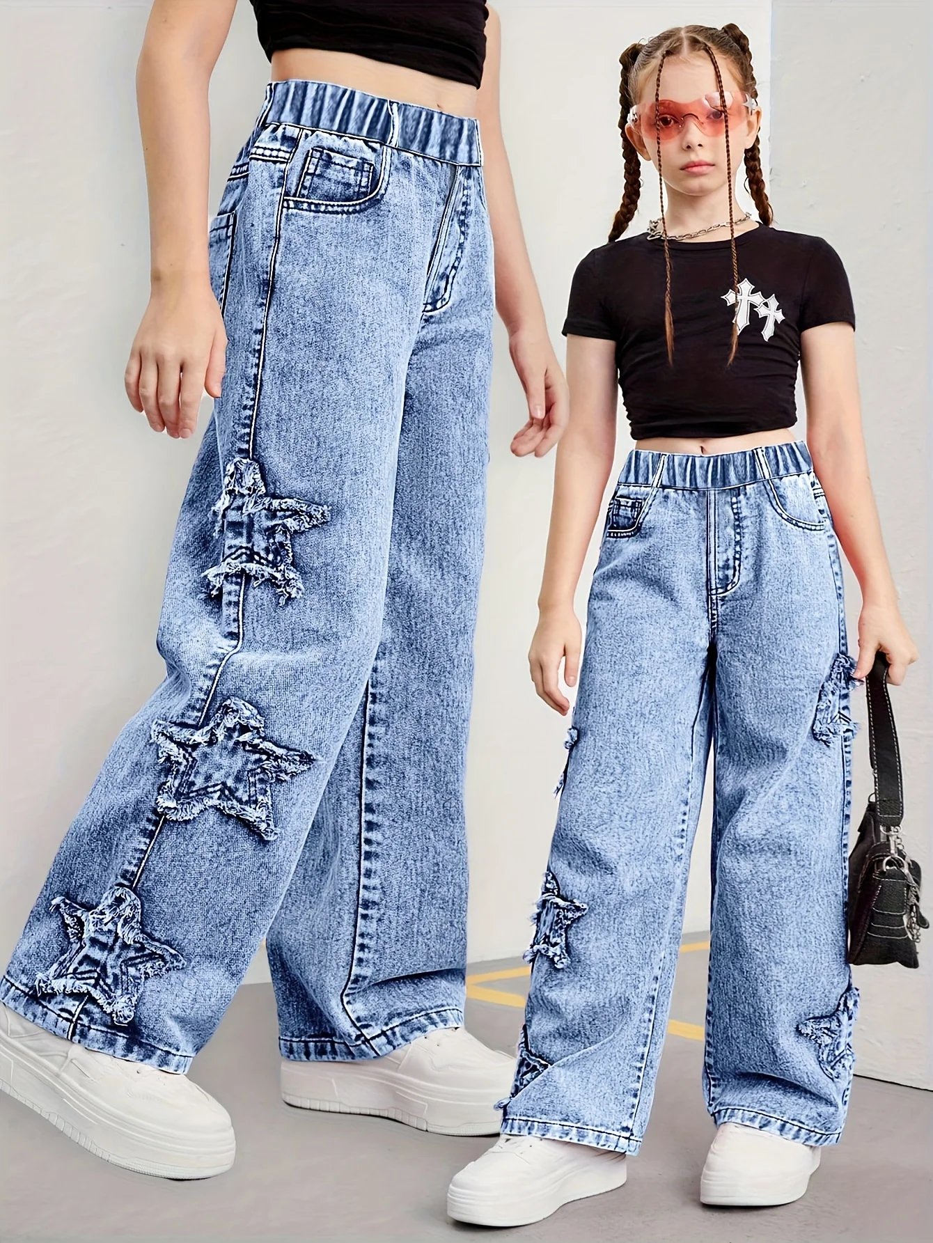 Jeanshose für Mädchen, Y2K-Jeanshose mit Fünf-Sterne-Patch-Stickmuster und geradem Bein, Hose im Urlaubsstil Image