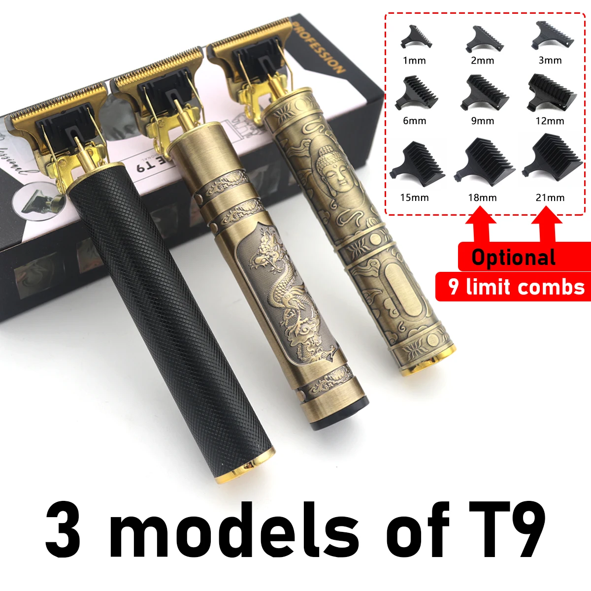 Professioneller Friseur-Trimmer, heißer Verkauf, Vintage T9, optionale 9-Grenzen-Kämme, elektrischer kabelloser Haarschneidemaschinen-Rasierer Image
