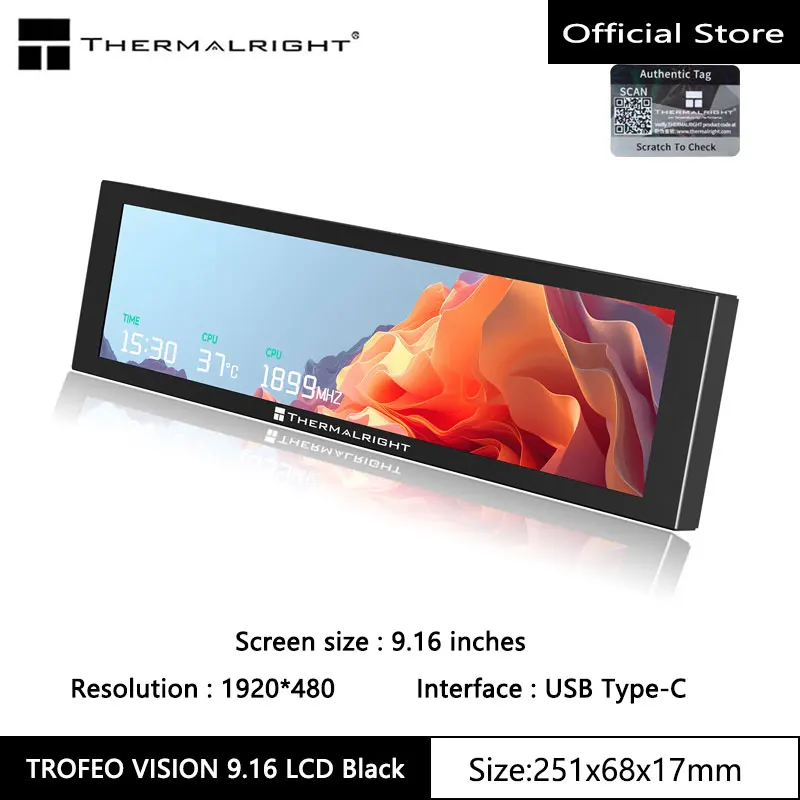 Thermalright TROFEO VISION LCD-IPS-Vollfarb-LCD-Bildschirm, 9,16 Zoll/magnetisch/1920 x 480 Auflösung/USB-Typ-C-Anschluss. Bildschirm Image