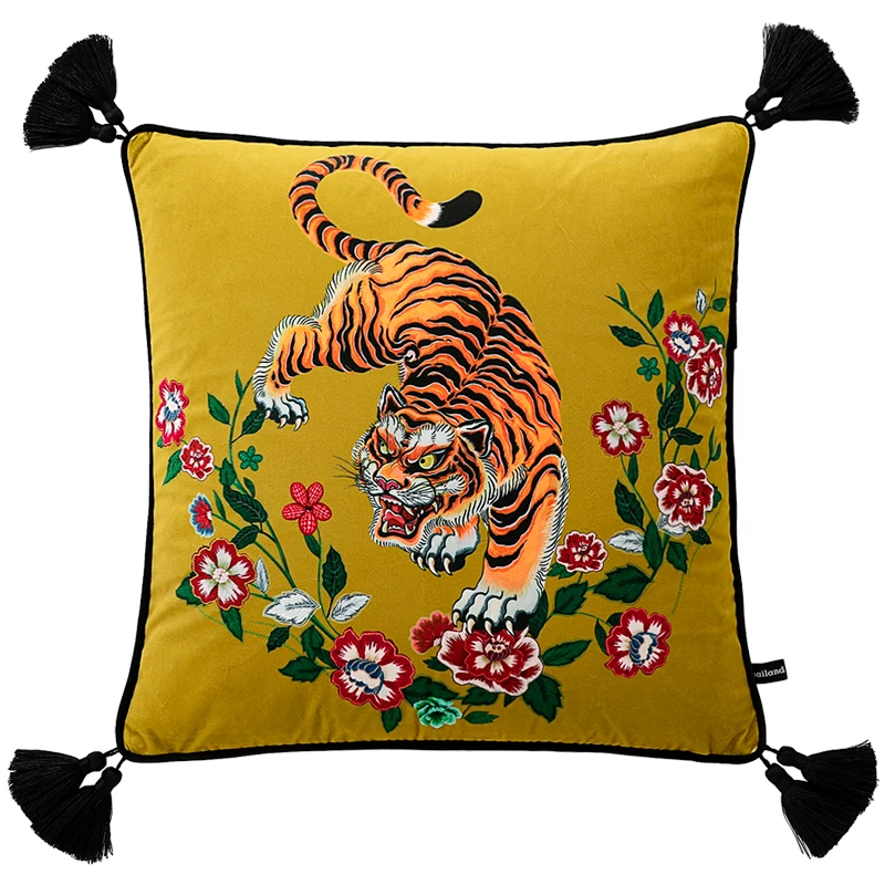Retro Tiger Kissen Gelber Kissenbezug Luxuriöser Flora-Samt Dekorativer Kissenbezug für Sofa 45x45 50x50 60x60 Heimdekoration Image